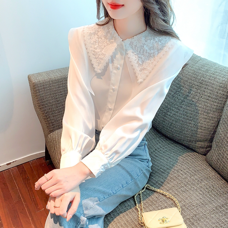 White small fashion doll collar long sleeve shirt for women