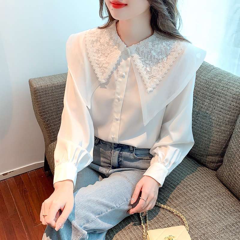 White small fashion doll collar long sleeve shirt for women