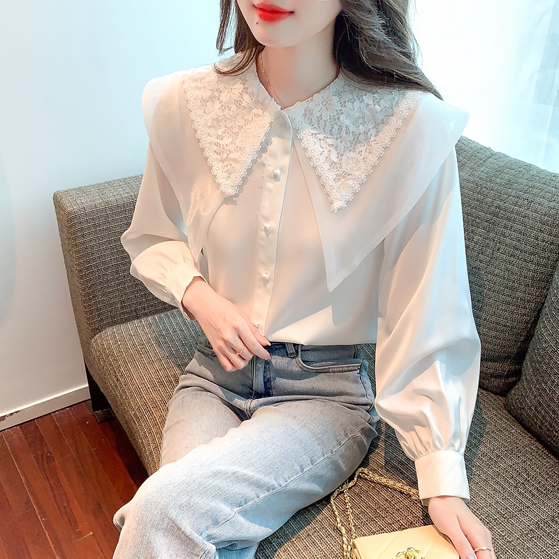 White small fashion doll collar long sleeve shirt for women