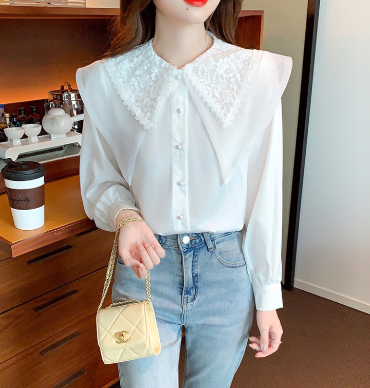 White small fashion doll collar long sleeve shirt for women