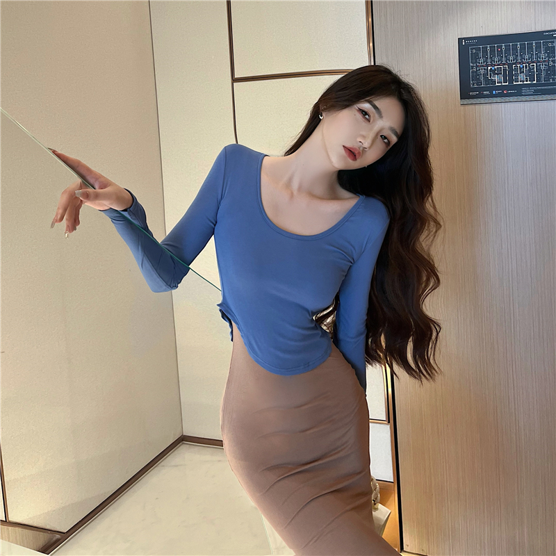 Sling Korean style U-neck mermaid hem long sleeve T-shirt