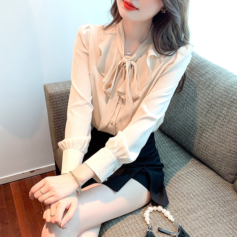 Retro chiffon autumn shirt bow temperament tops for women