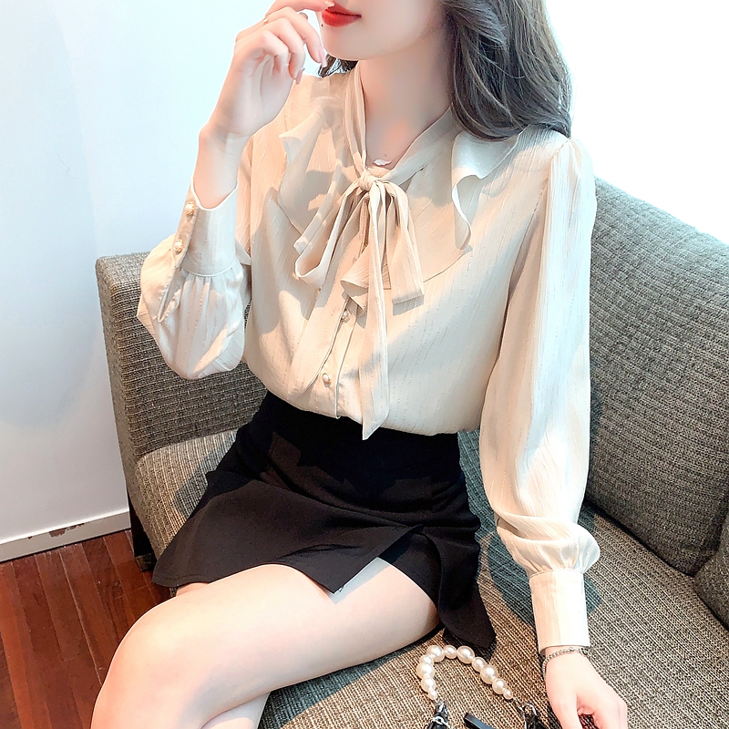 Retro chiffon autumn shirt bow temperament tops for women