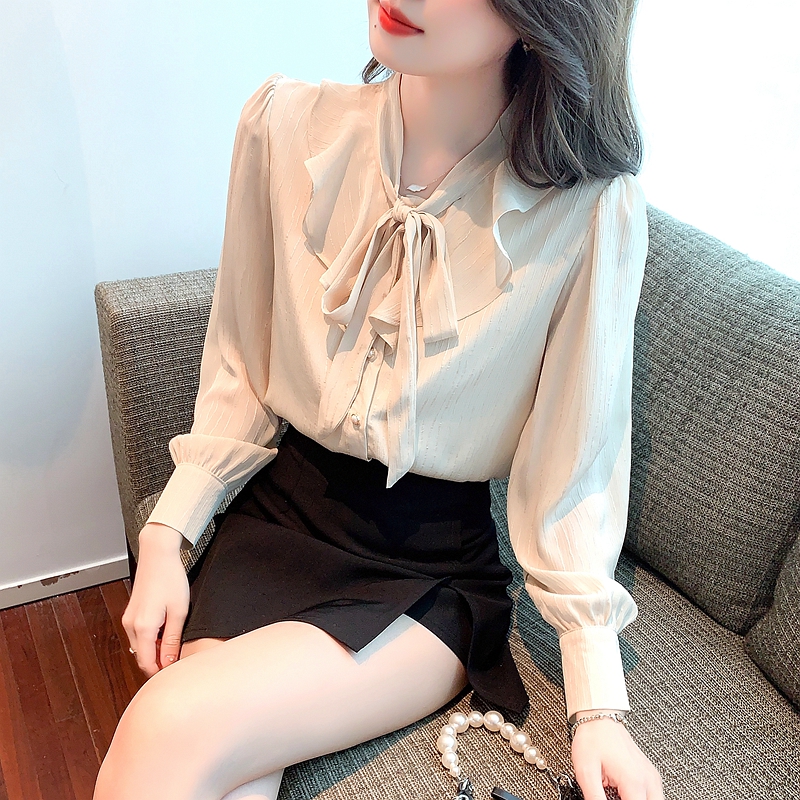 Retro chiffon autumn shirt bow temperament tops for women