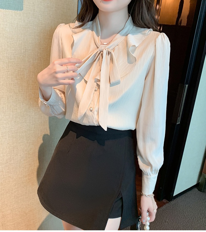 Retro chiffon autumn shirt bow temperament tops for women