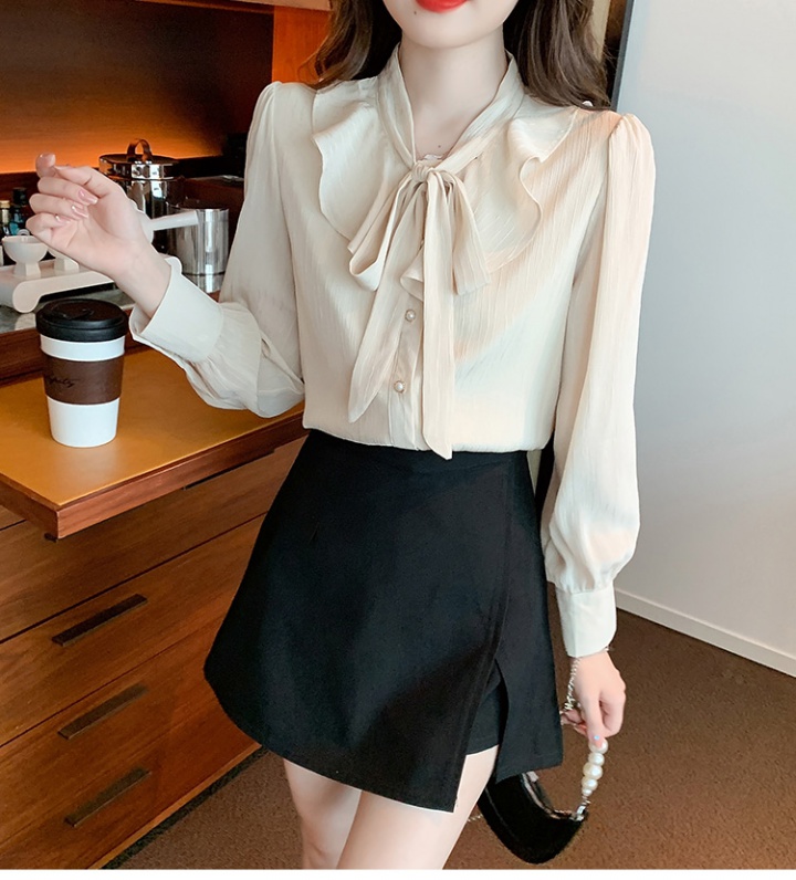 Retro chiffon autumn shirt bow temperament tops for women