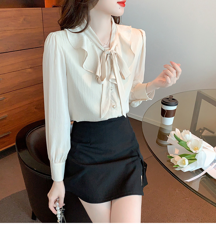 Retro chiffon autumn shirt bow temperament tops for women