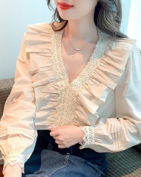 Puff sleeve lace shirt white France style tops for women