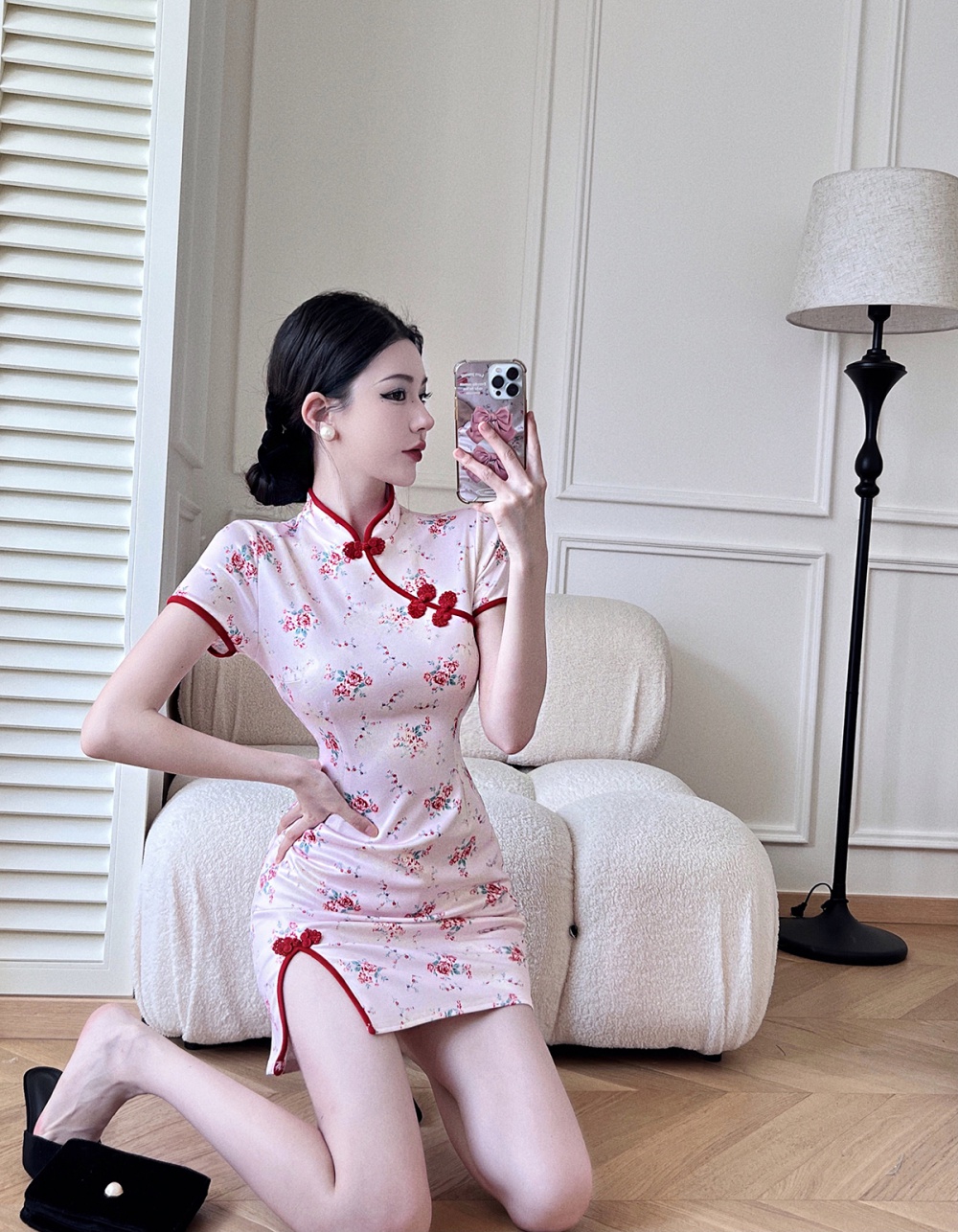 Printing split short cheongsam maiden pink retro dress
