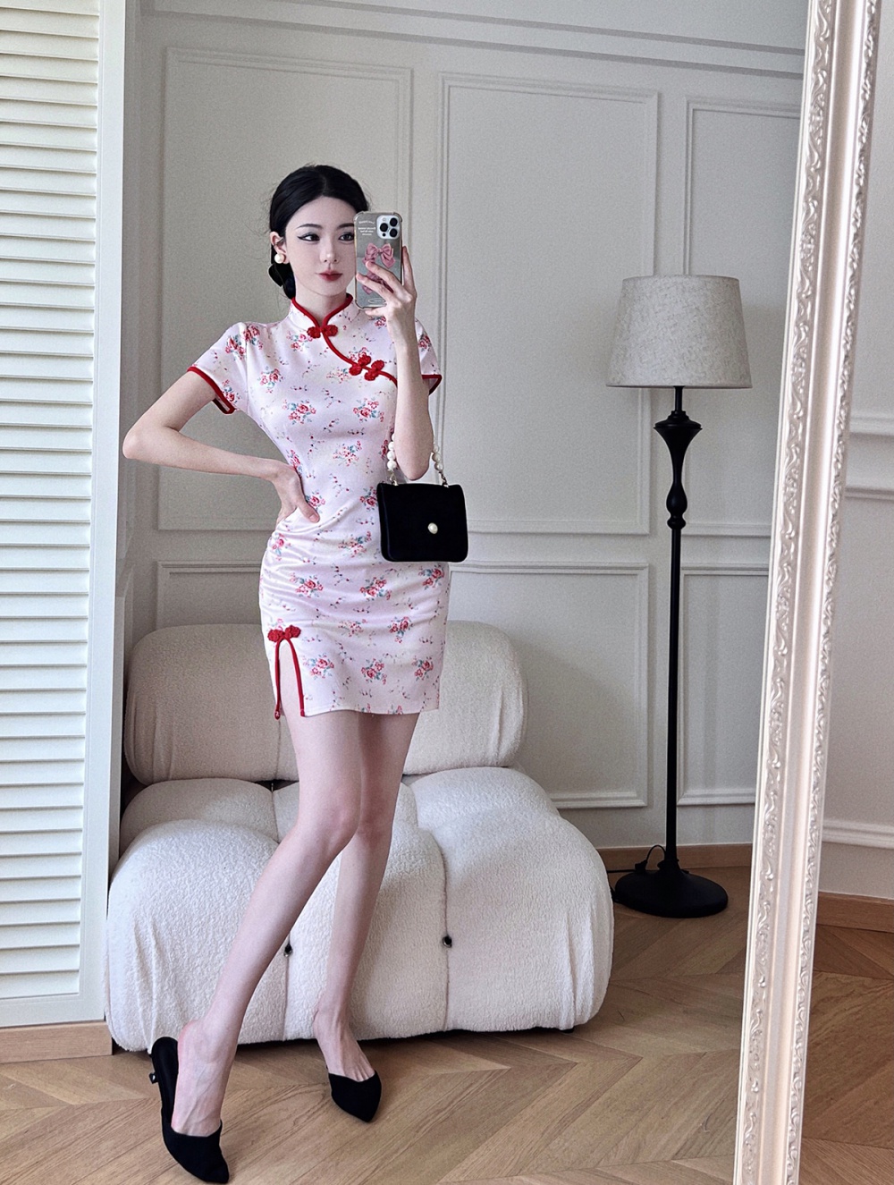 Printing split short cheongsam maiden pink retro dress