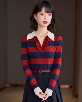 Lazy pullover V-neck tops stripe autumn sweater