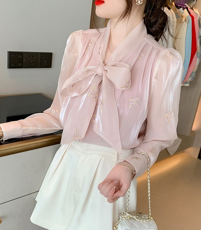 Embroidery bow tops all-match long sleeve shirt for women