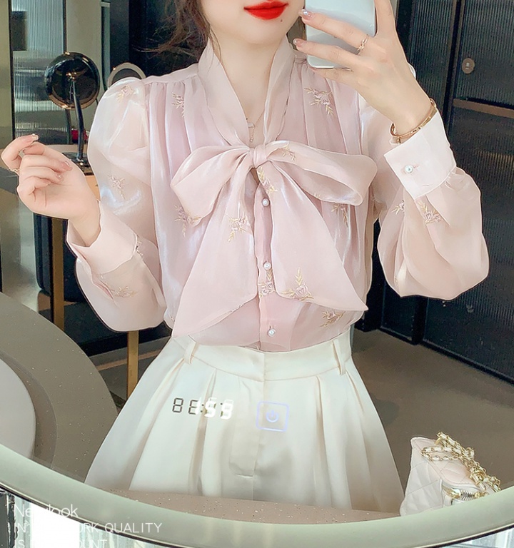 Embroidery bow tops all-match long sleeve shirt for women
