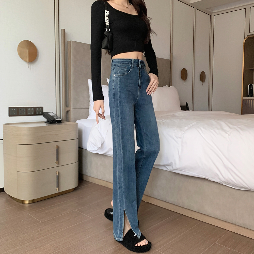 Wide leg high waist slim jeans elasticity split straight pants