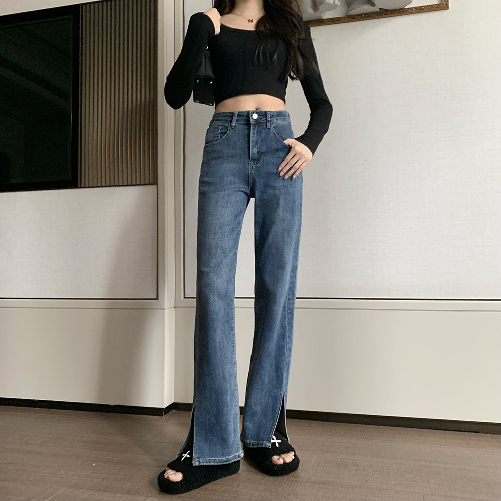 Wide leg high waist slim jeans elasticity split straight pants