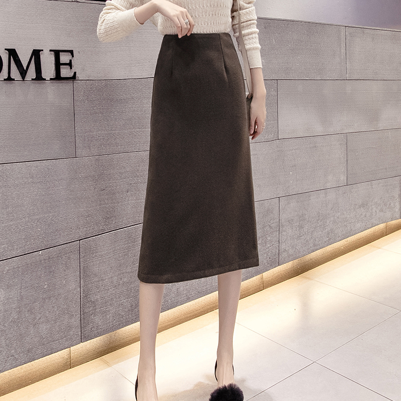 Long retro skirt autumn and winter woolen one step skirt