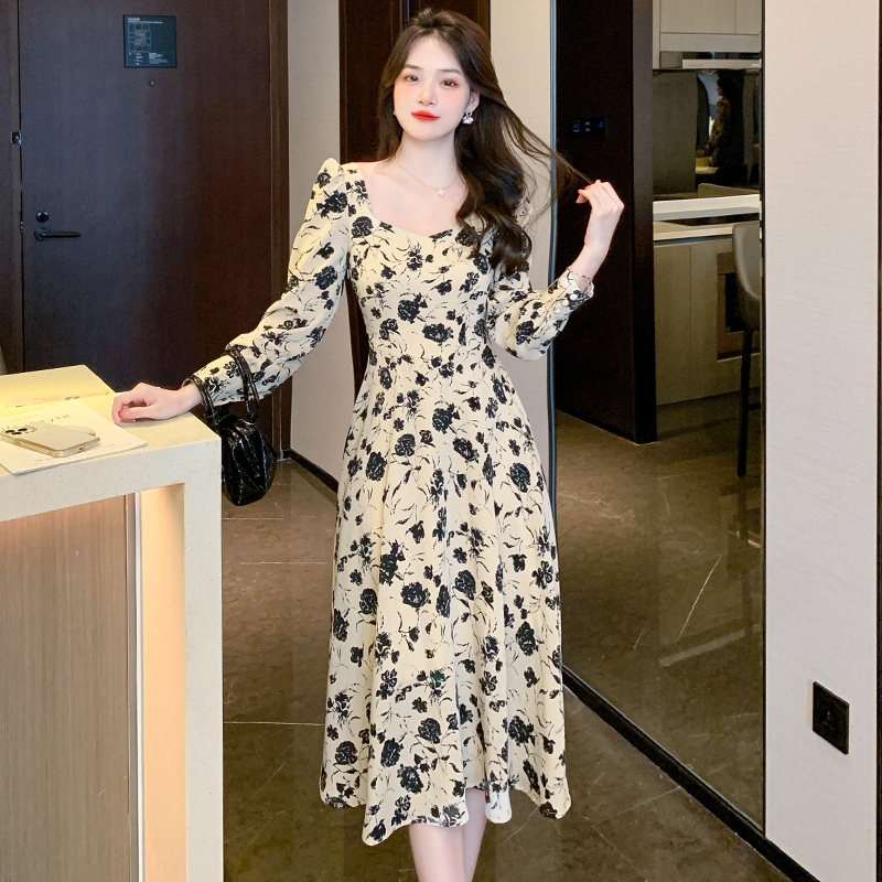 France style floral dress square collar long dress for women