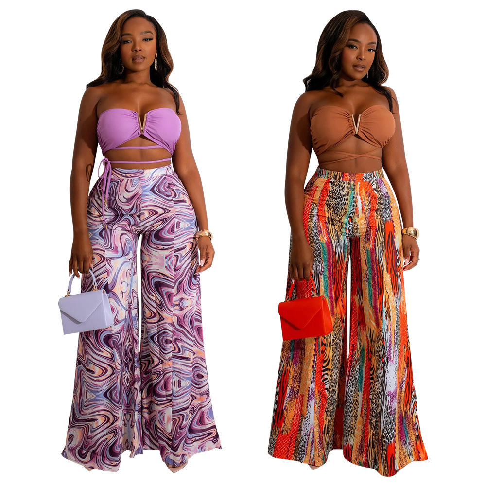 Printing wrapped chest halter wide leg pants 2pcs set