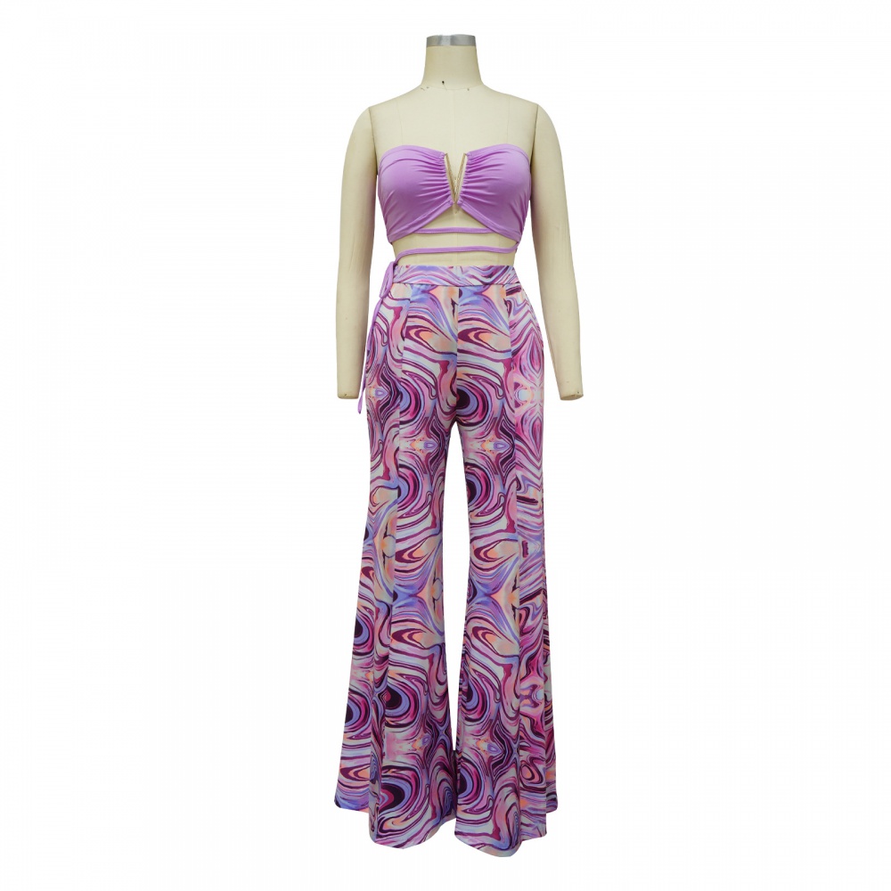 Printing wrapped chest halter wide leg pants 2pcs set