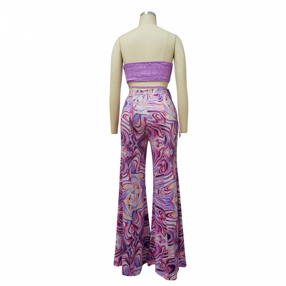 Printing wrapped chest halter wide leg pants 2pcs set