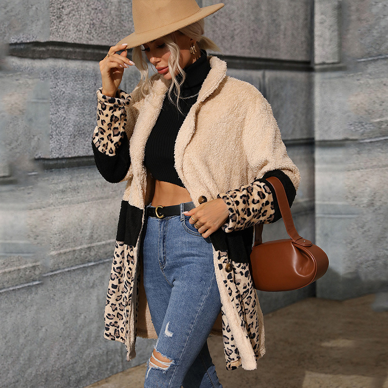 Leopard European style splice long fashion coat