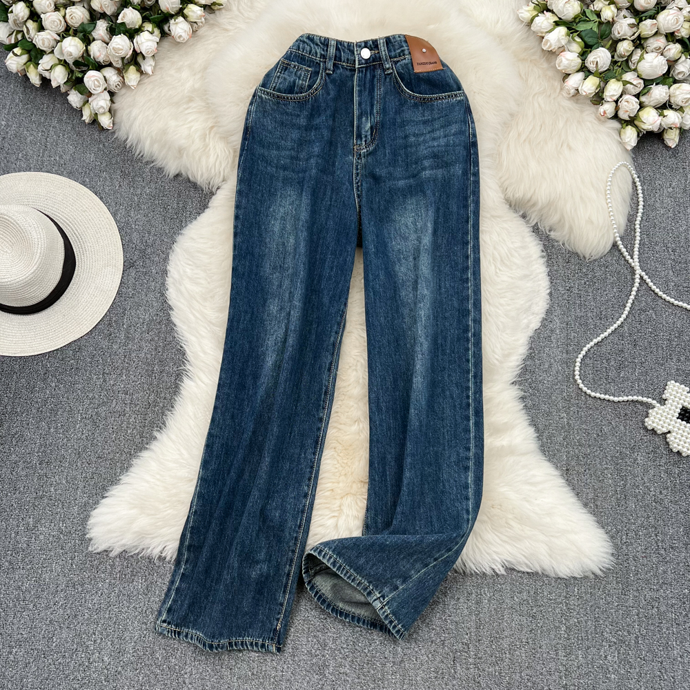 Washed Korean style jeans high waist loose long pants for women