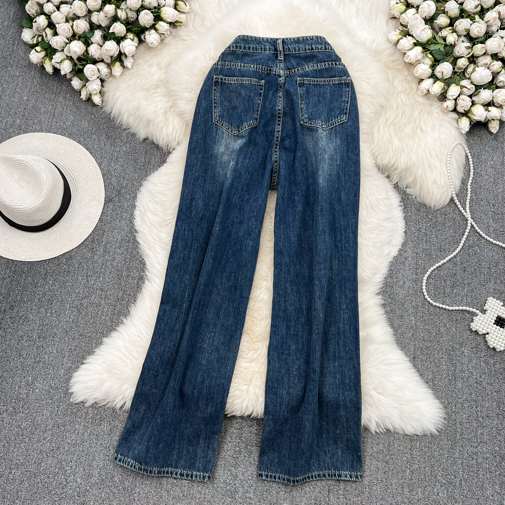 Washed Korean style jeans high waist loose long pants for women