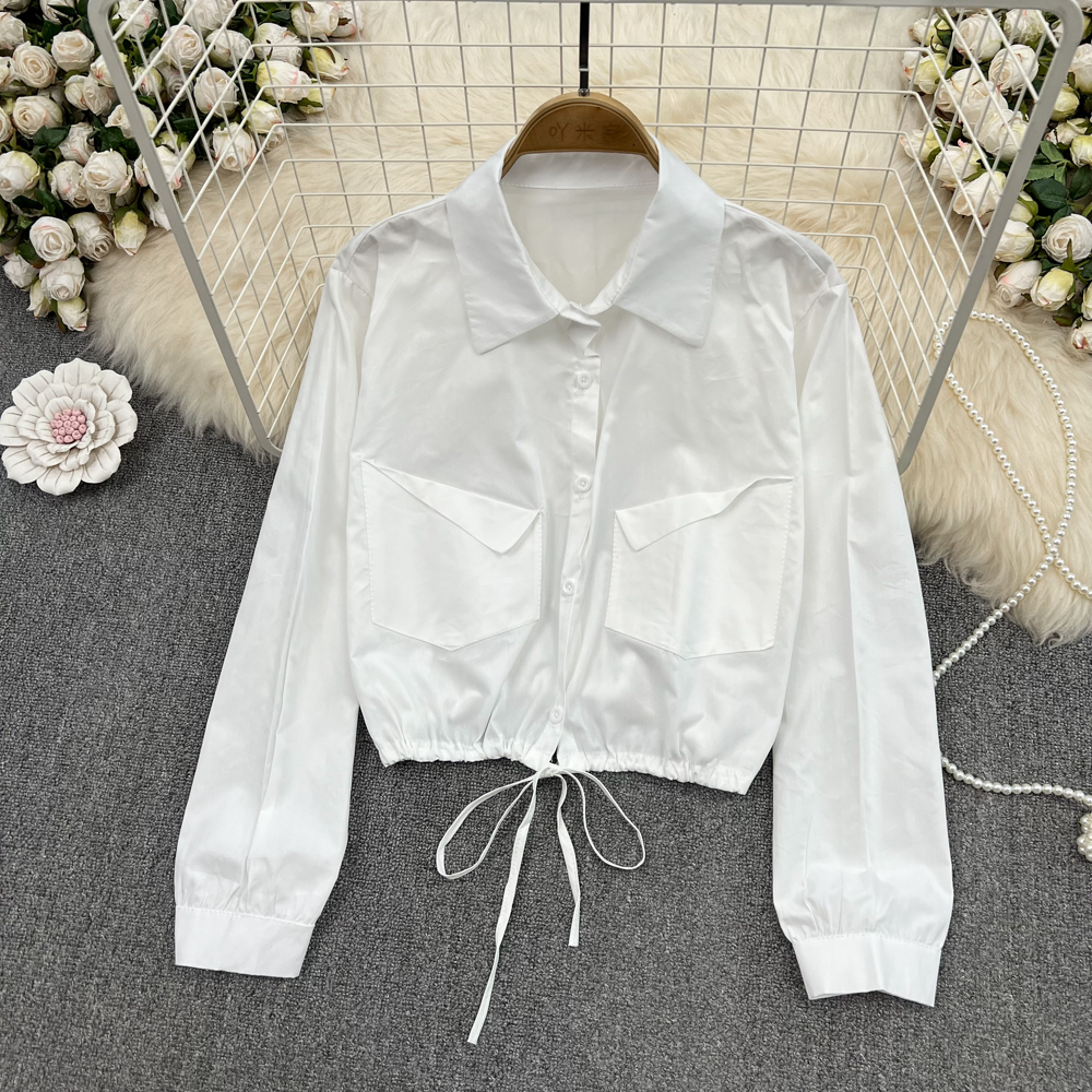 Single-breasted long sleeve shirt drawstring tops for women