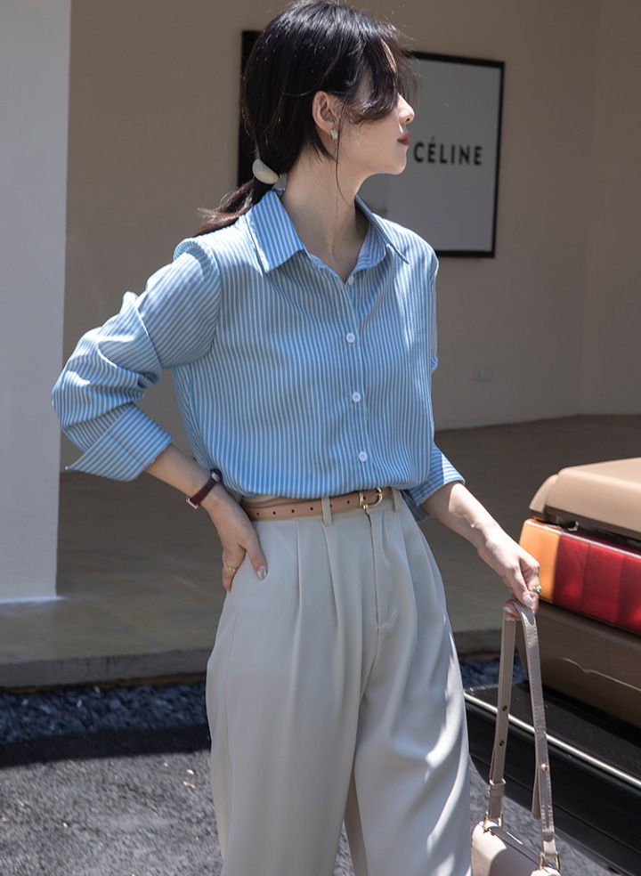 Stripe blue-white blue long sleeve autumn shirt