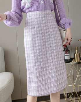 Woolen plaid one step skirt high waist skirt