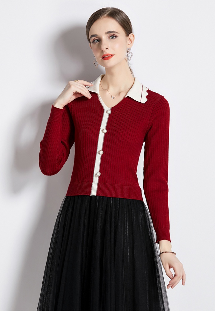 Autumn knitted gauze dress slim lapel splice skirt