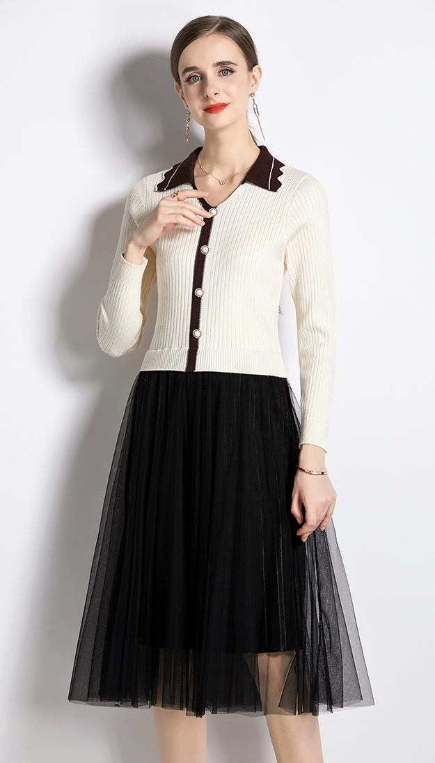 Autumn knitted gauze dress slim lapel splice skirt
