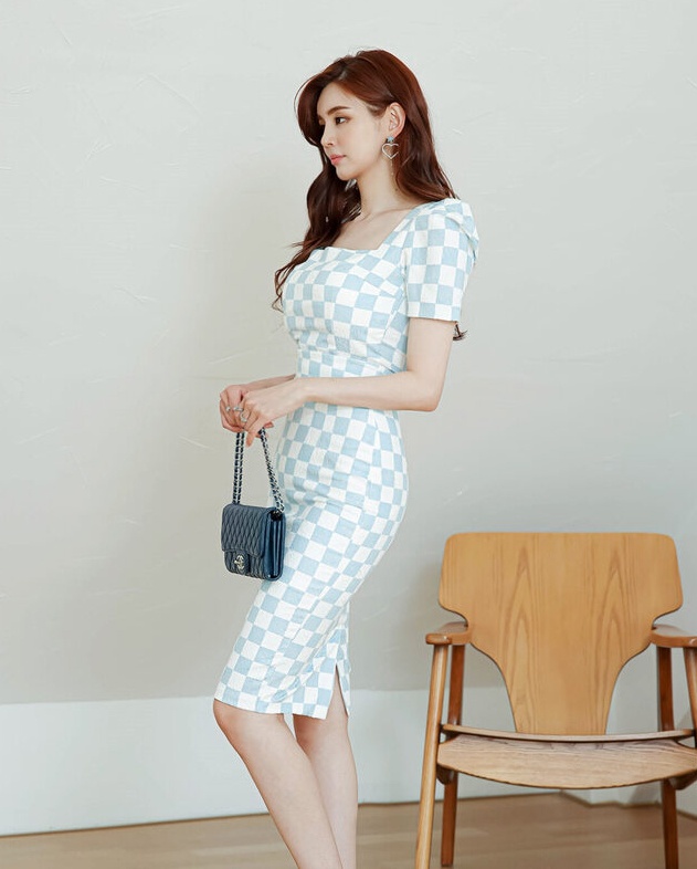 Chessboard printing temperament puff sleeve Korean style dress
