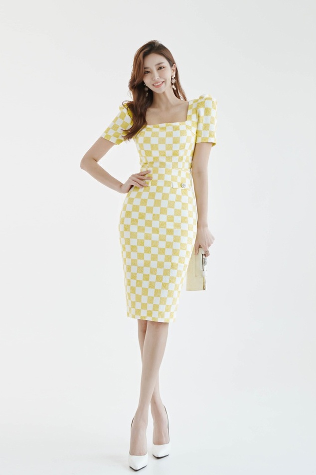 Chessboard printing temperament puff sleeve Korean style dress