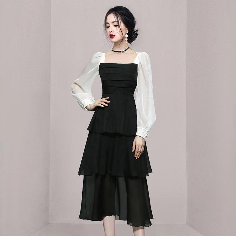 Cake slim autumn and winter splice mixed colors dress
