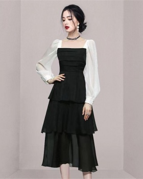 Cake slim autumn and winter splice mixed colors dress