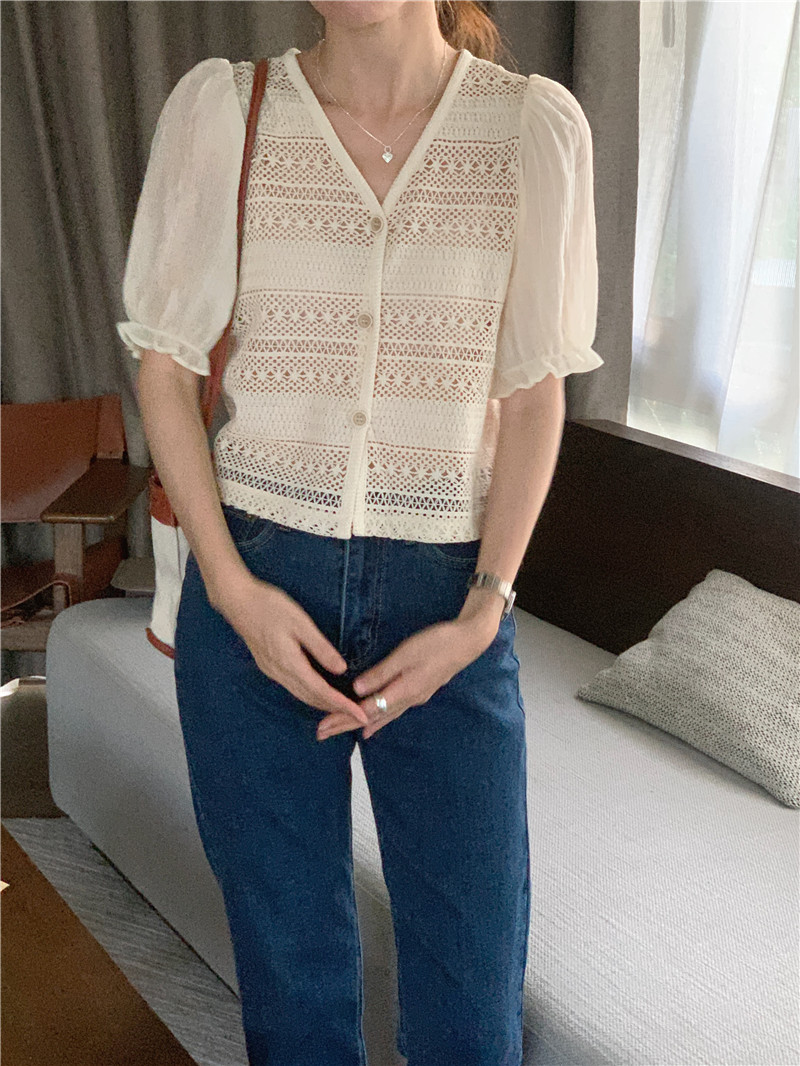Korean style refinement short sleeve weave shirt