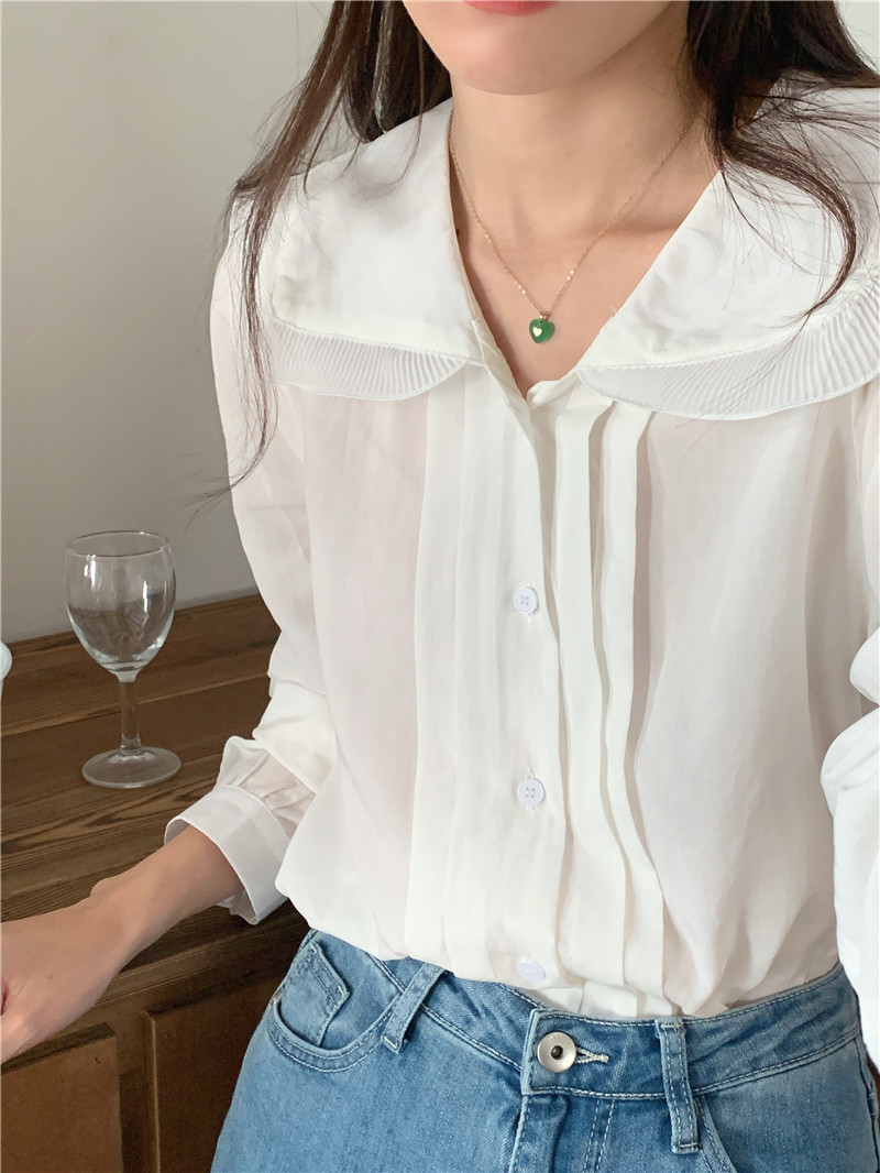 Korean style splice simple lapel long sleeve lace shirt