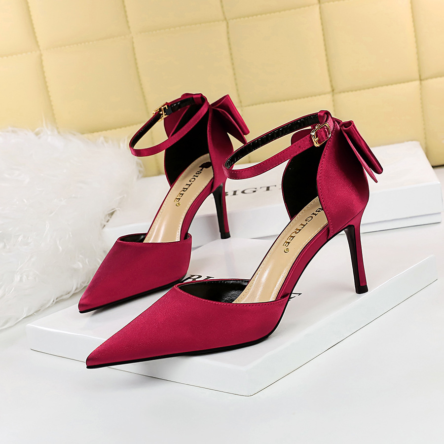 Korean style satin high-heeled shoes low pointed sandals