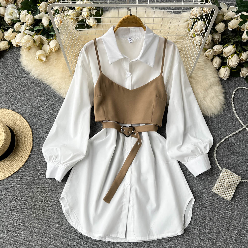 Long sleeve white skirt autumn small sling 2pcs set