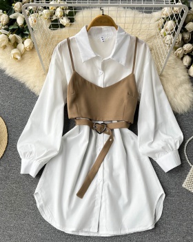 Long sleeve white skirt autumn small sling 2pcs set