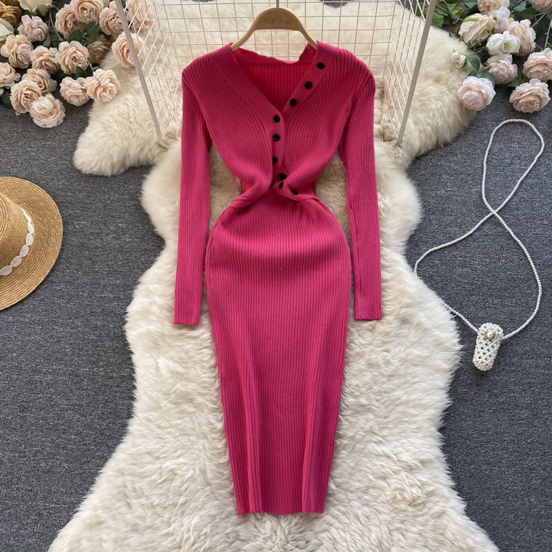 V-neck pure pinched waist autumn package hip dress for women
