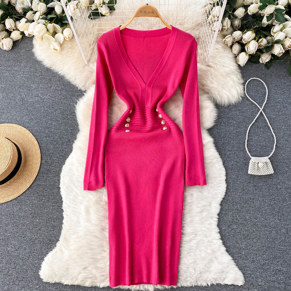 Pinched waist V-neck package hip dress for women