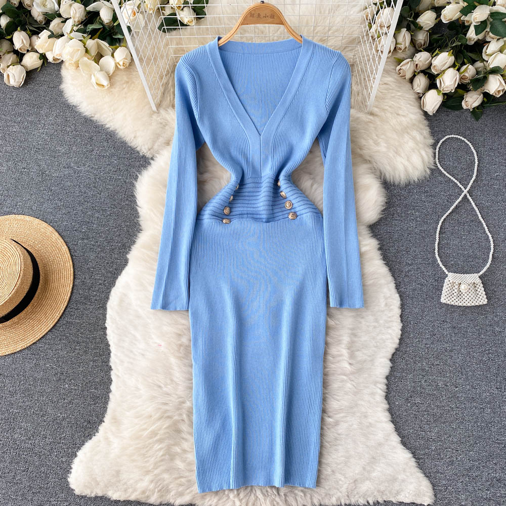 Pinched waist V-neck package hip dress for women
