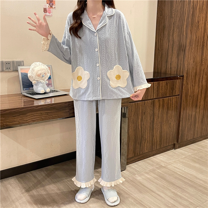 Sweet long sleeve pajamas lady generous cardigan 2pcs set
