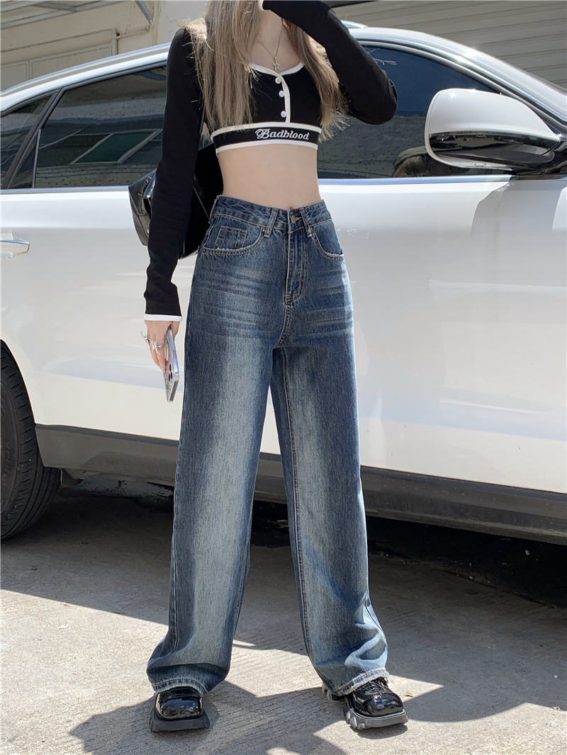 Wide leg retro mopping jeans high waist straight pants for women