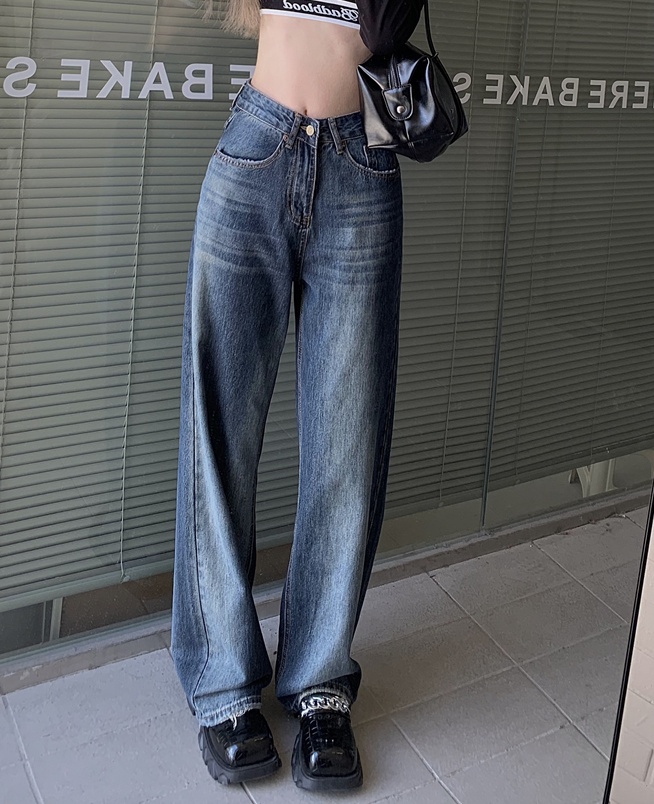 Wide leg retro mopping jeans high waist straight pants for women