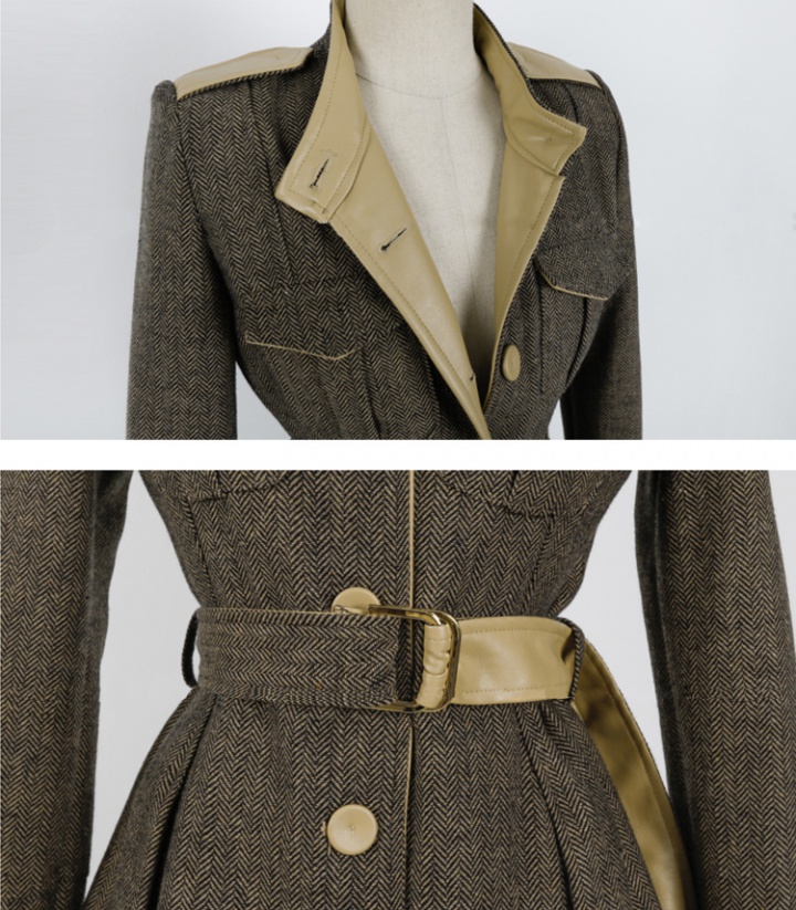 Fashion pinched waist long sleeve woolen coat for women