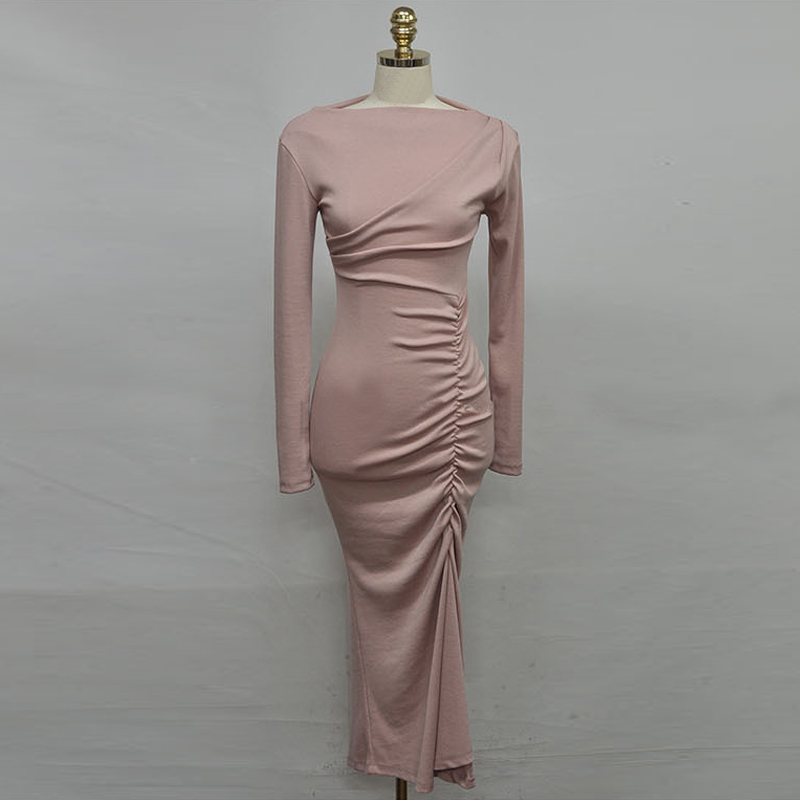 Autumn package hip temperament pink long light dress