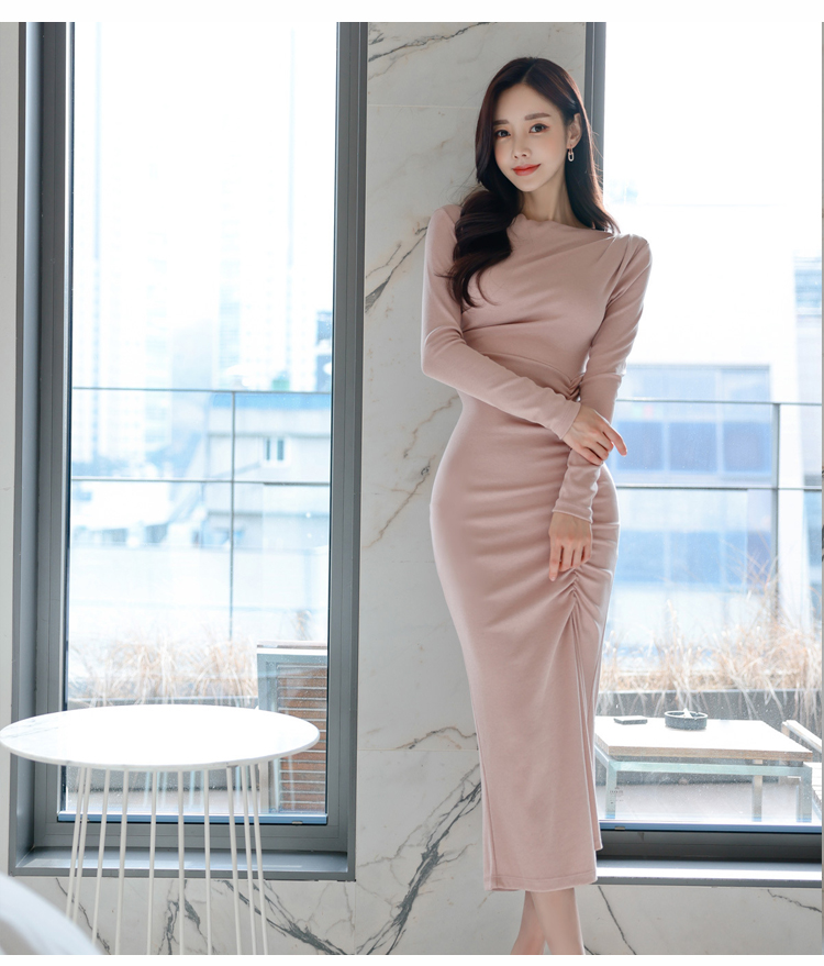Autumn package hip temperament pink long light dress